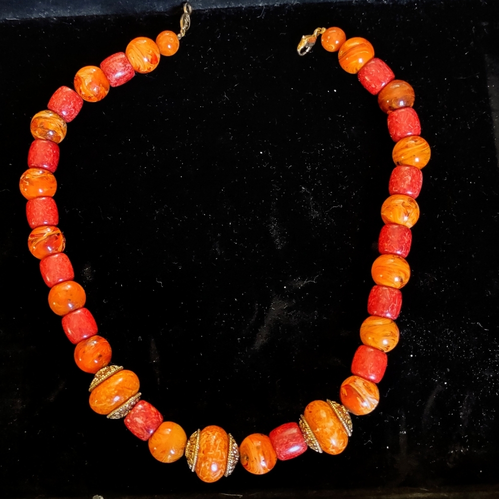 Napier Vintage Orange & Yellow Wooden Bead Necklace